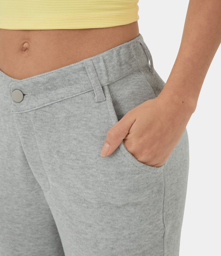Mid Rise V Shaped Waistband Button Zipper Pocket Flare Casual Cotton SweatTrousers