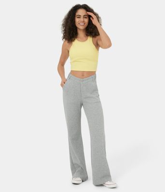 Mid Rise V Shaped Waistband Button Zipper Pocket Flare Casual Cotton SweatTrousers