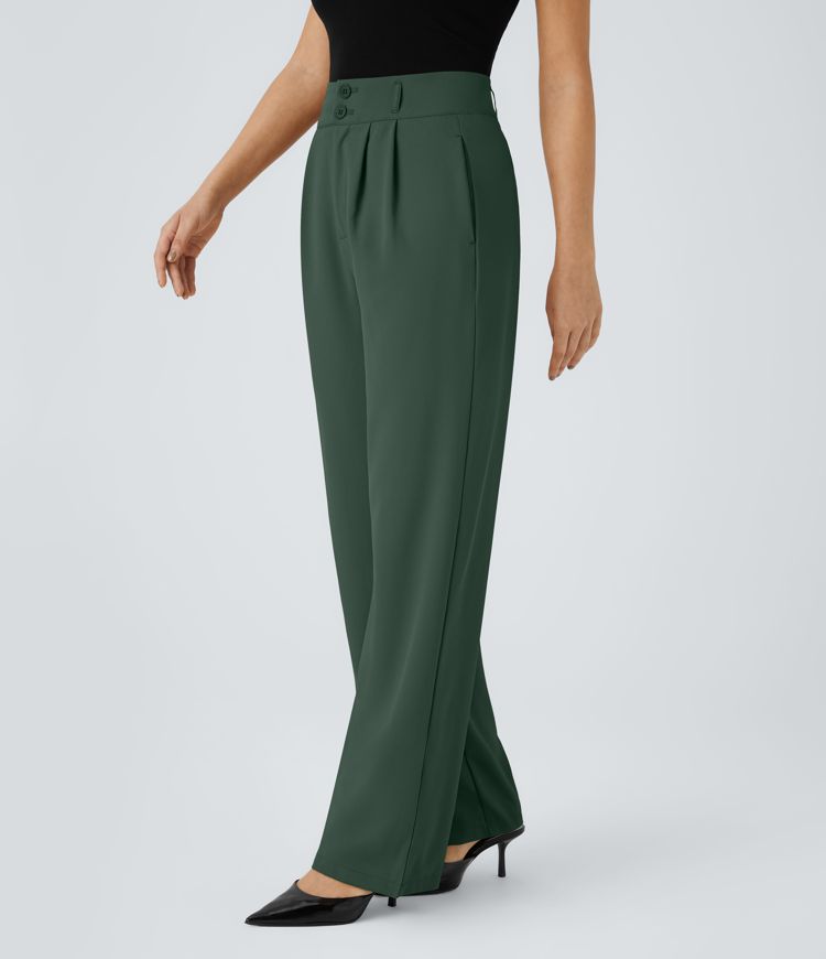 High Waisted Zipper Pocket Shirred Straight Leg Work Pants