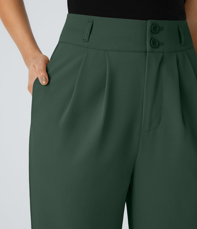 High Waisted Zipper Pocket Shirred Straight Leg Work Pants