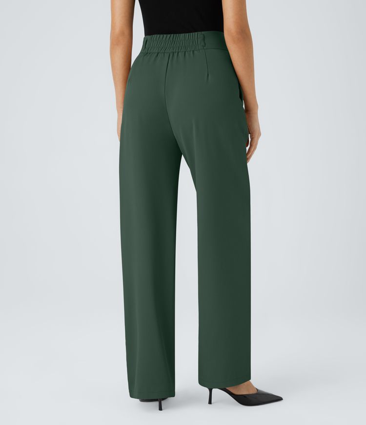 High Waisted Button Zipper Side Pocket Shirred Straight Leg Work Pants