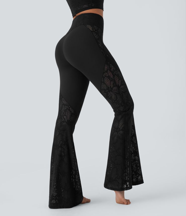 Softlyzero™ High Waisted Crossover Back Pocket Contrast Lace Flare Yoga Leggings