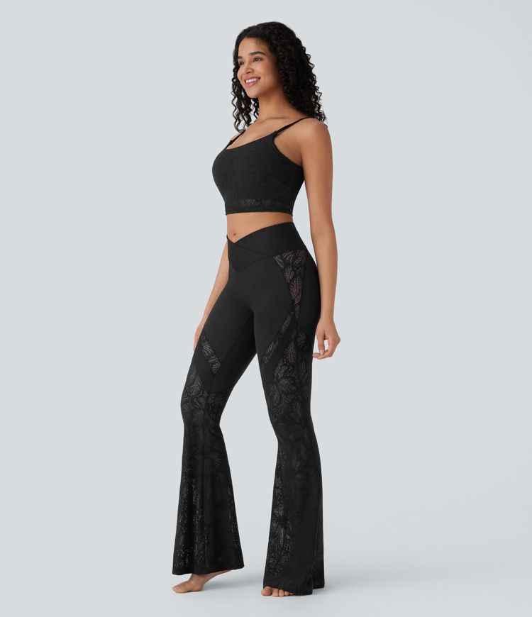 Softlyzero™ High Waisted Crossover Back Pocket Contrast Lace Flare Yoga Leggings