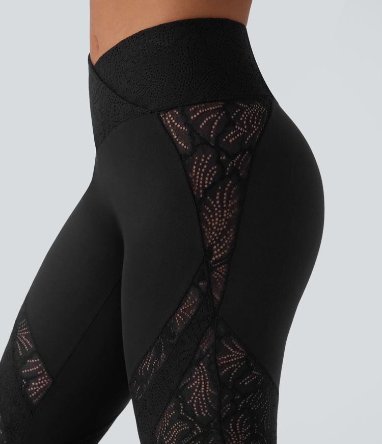 Softlyzero™ High Waisted Crossover Back Pocket Contrast Lace Flare Yoga Leggings