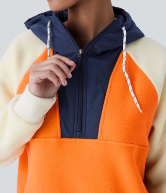 Hooded Drawstring Half Zip Long Sleeve Pocket Color Block Fleece Hiking Jacket