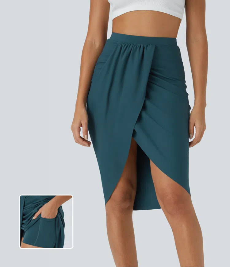High-waisted draped asymmetrical 2-in-1 pocket casual skirt