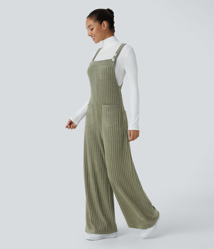 Ribbed Knit Adjustable Strap Button Multiple Pockets Casual Overalls