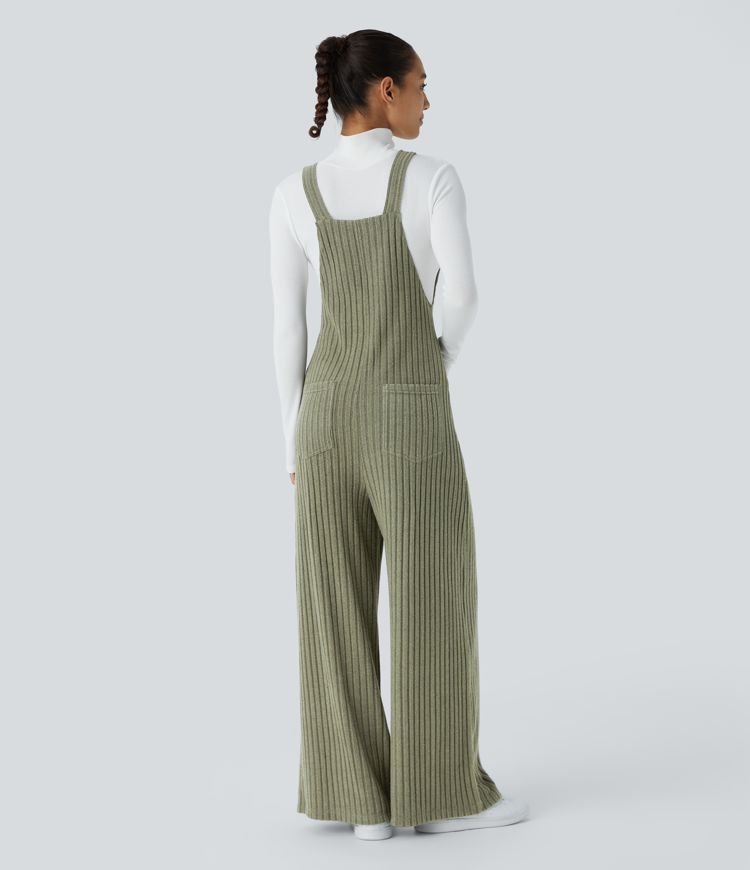 Ribbed Knit Adjustable Strap Button Multiple Pockets Casual Overalls