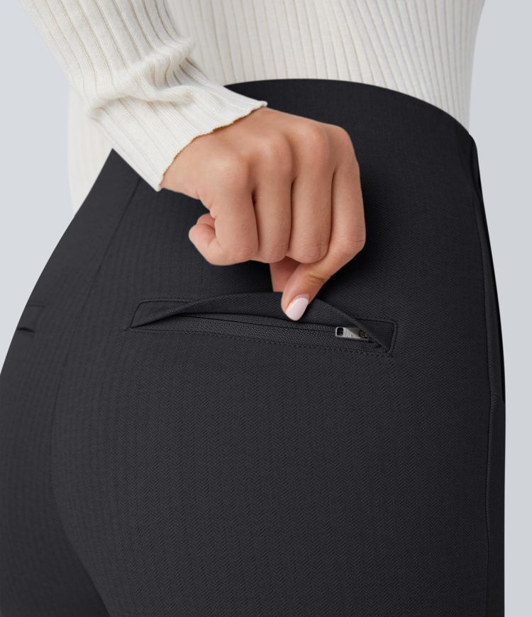 SoCinched Hohe Taille Bauchkontroll Hose mit dekorativer rückseitiger Reißverschlusstasche Fischgrätenmuster Arbeitsleggings