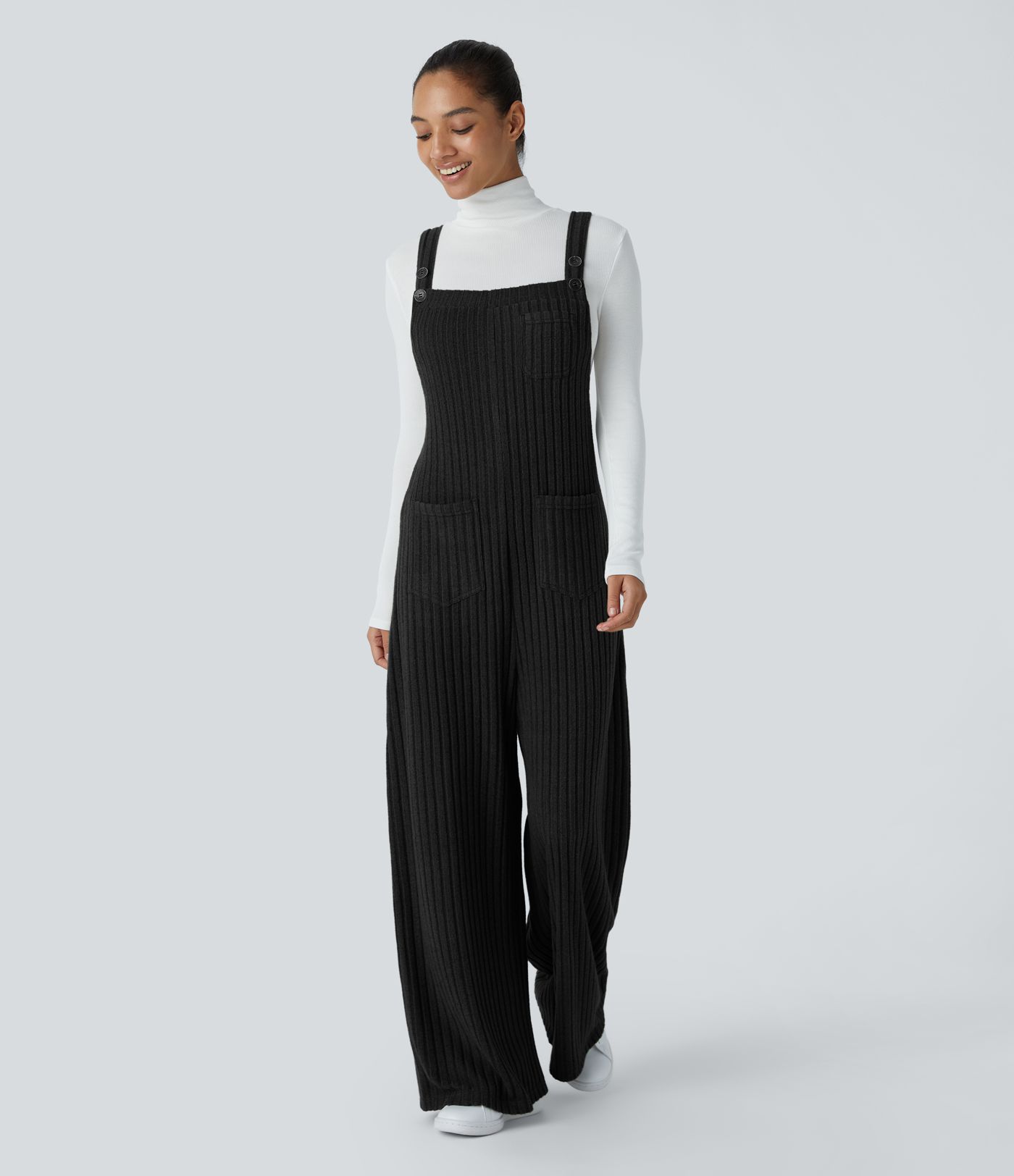 Ribbed Knit Pockets Casual Overalls