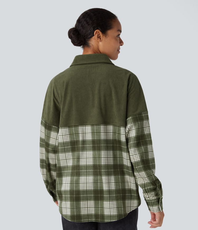 Long Sleeve Curved Hem Plaid Corduroy Casual Shirt Jacket