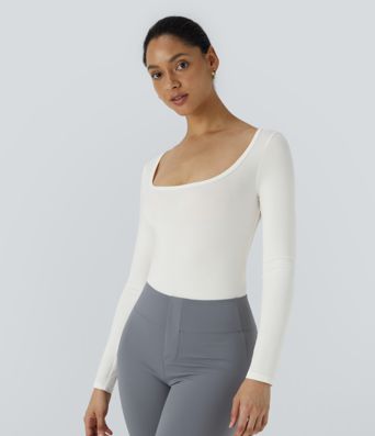 U Neck Long Sleeve Snap Skinny Work Bodysuit