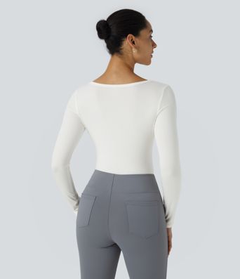 U Neck Long Sleeve Snap Skinny Work Bodysuit