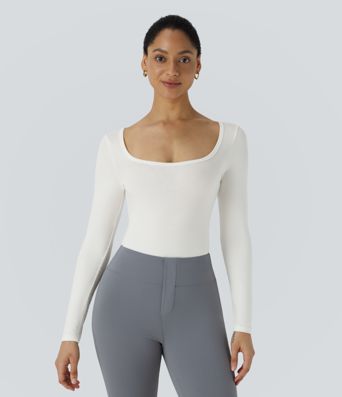 U Neck Long Sleeve Snap Skinny Work Bodysuit