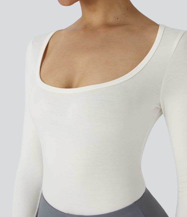 U Neck Long Sleeve Snap Skinny Work Bodysuit