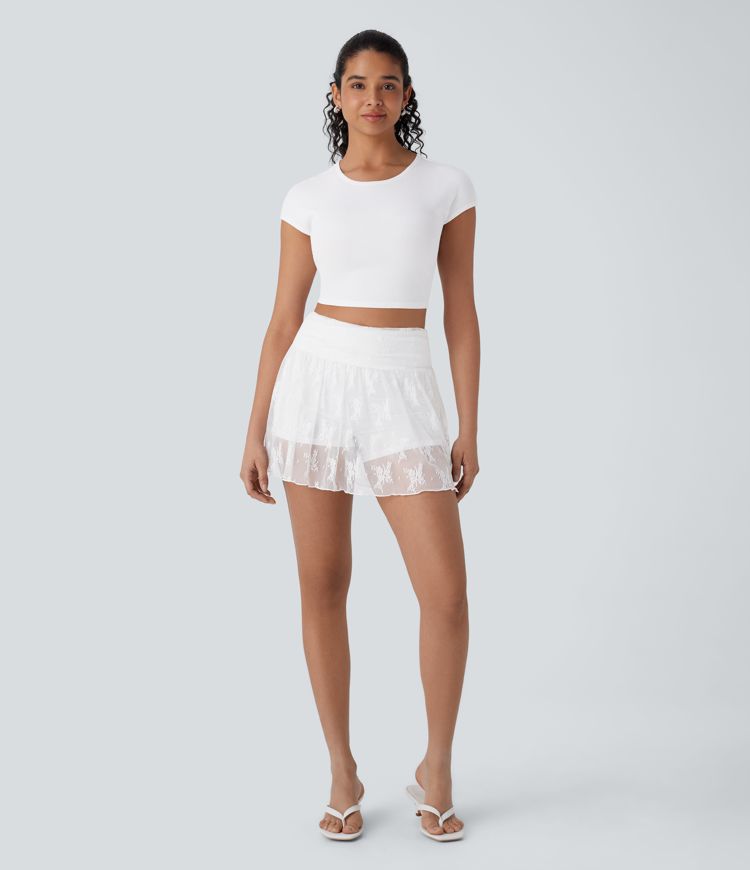 Mini-jupe de soirée taille haute 2-en-1 avec poche latérale et dentelle