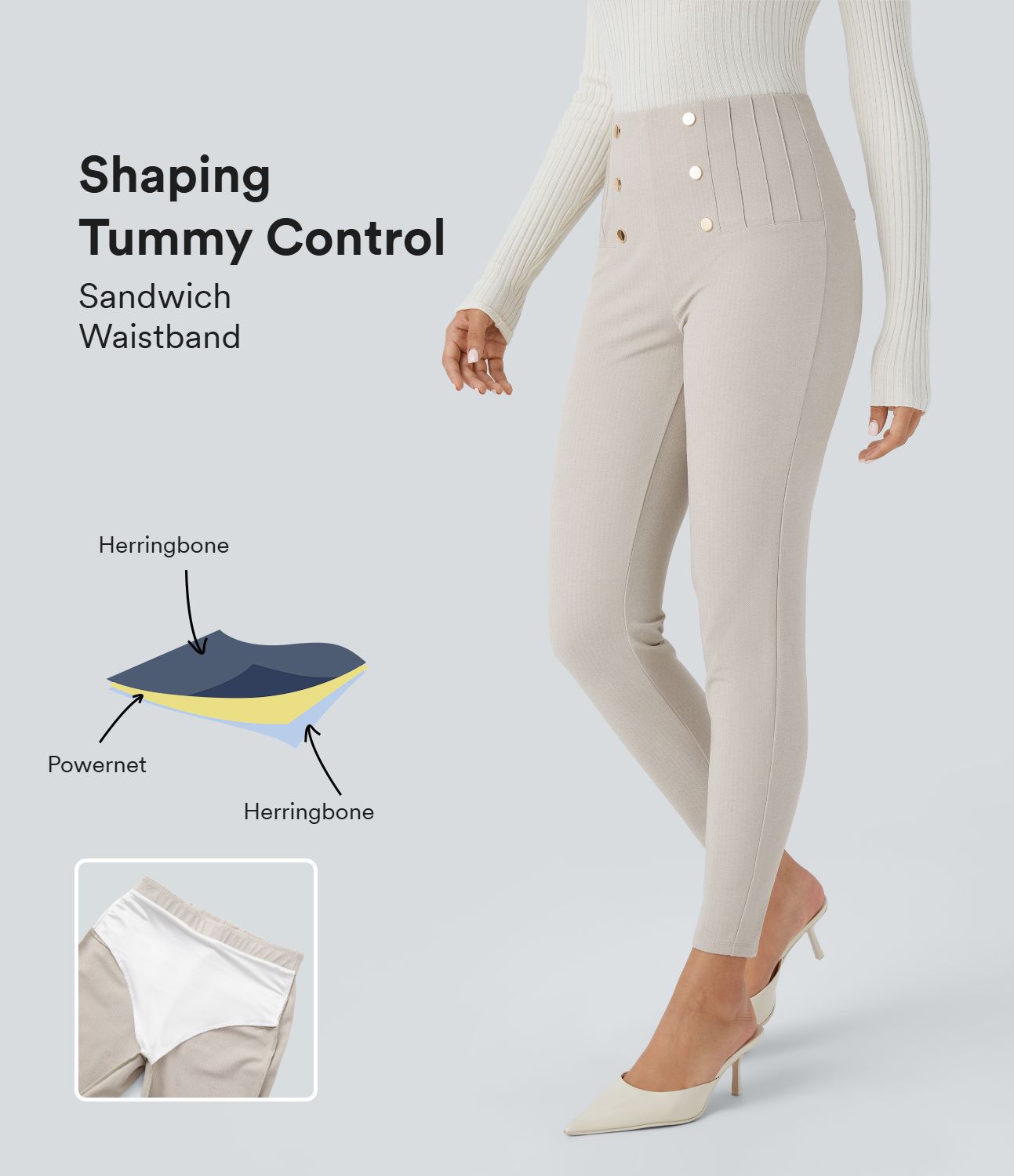 Arbeits-Leggings mit hohem Bund, Reißverschlusstaschen, dekorativer Knopfleiste, Bauchkontrolle und Fischgrätenmuster