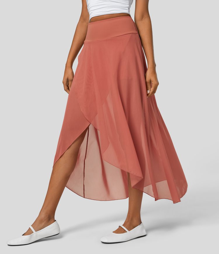 High Waisted High Low Ruffle 2-in-1 Side Pocket Flare Mesh Casual Regular Maxi Skirt