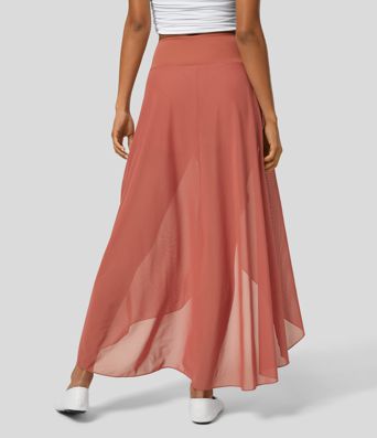 High Waisted High Low Ruffle 2-in-1 Side Pocket Flare Mesh Casual Regular Maxi Skirt