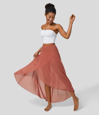 High Waisted High Low Ruffle 2-in-1 Side Pocket Flare Mesh Casual Regular Maxi Skirt