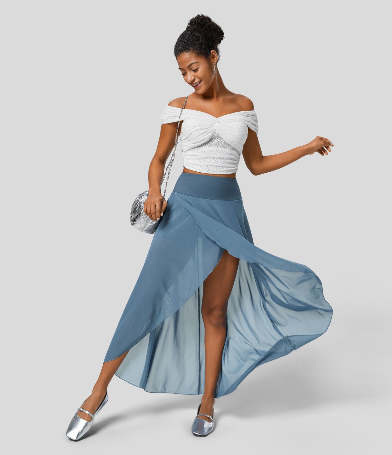 High Waisted High Low Ruffle 2-in-1 Side Pocket Flare Mesh Casual Regular Maxi Skirt