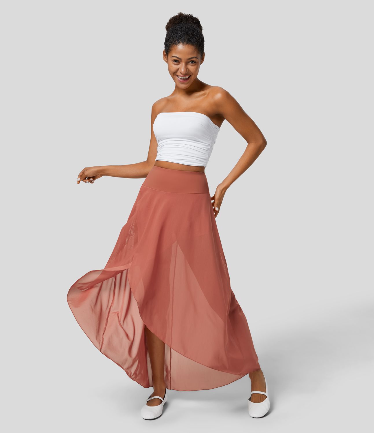 High Waisted High Low Ruffle 2-in-1 Side Pocket Flare Mesh Casual Regular Maxi Skirt