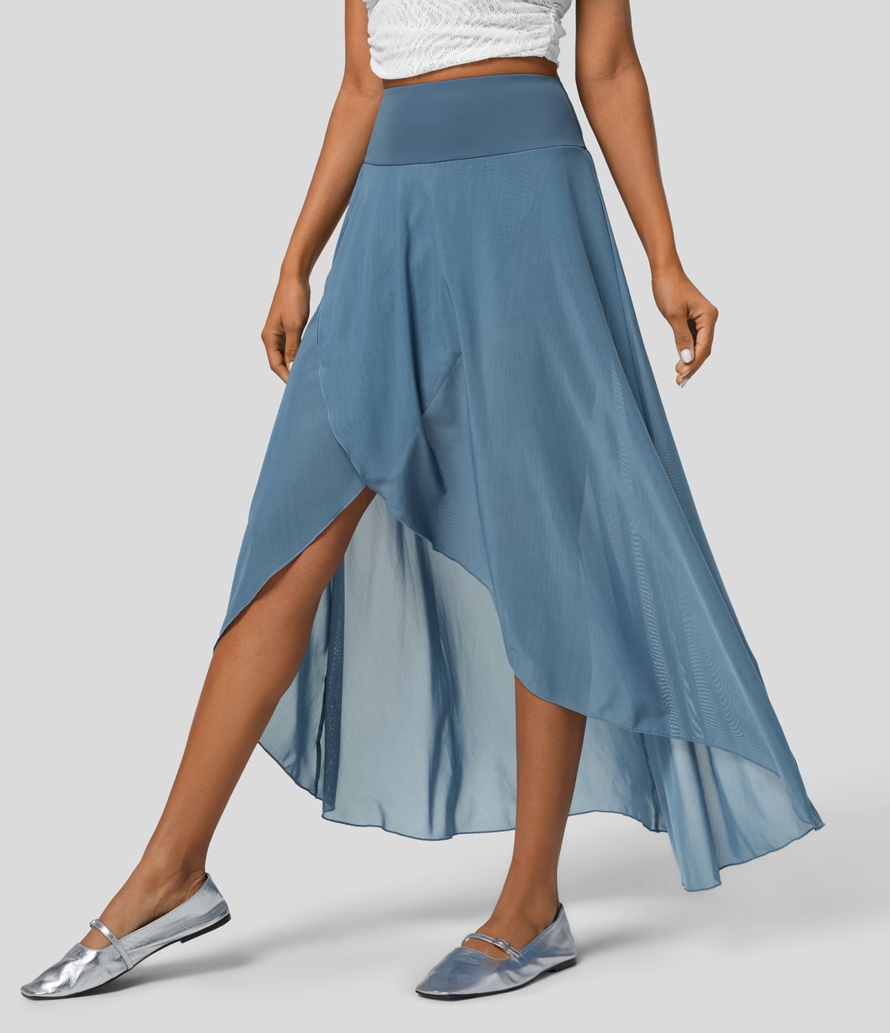High Waisted High Low Ruffle 2-in-1 Side Pocket Flare Mesh Casual Regular Maxi Skirt