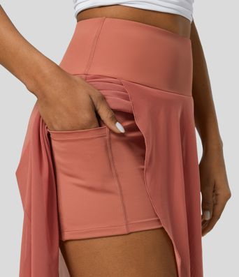 High Waisted High Low Ruffle 2-in-1 Side Pocket Flare Mesh Casual Regular Maxi Skirt