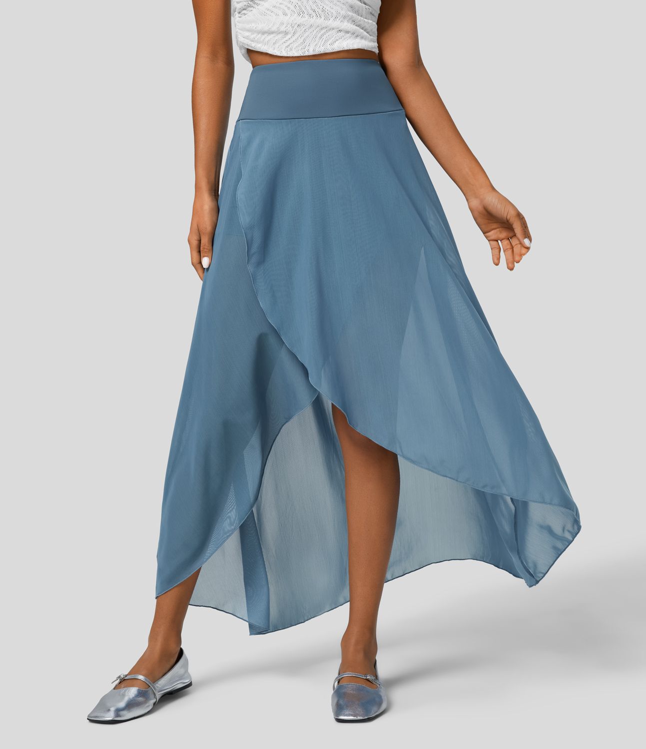 High Waisted High Low Ruffle 2-in-1 Side Pocket Flare Mesh Casual Regular Maxi Skirt