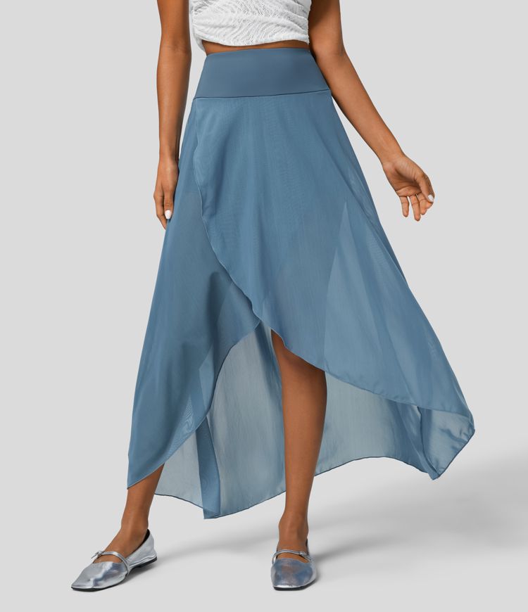 High Waisted High Low Ruffle 2-in-1 Side Pocket Flare Mesh Casual Regular Maxi Skirt