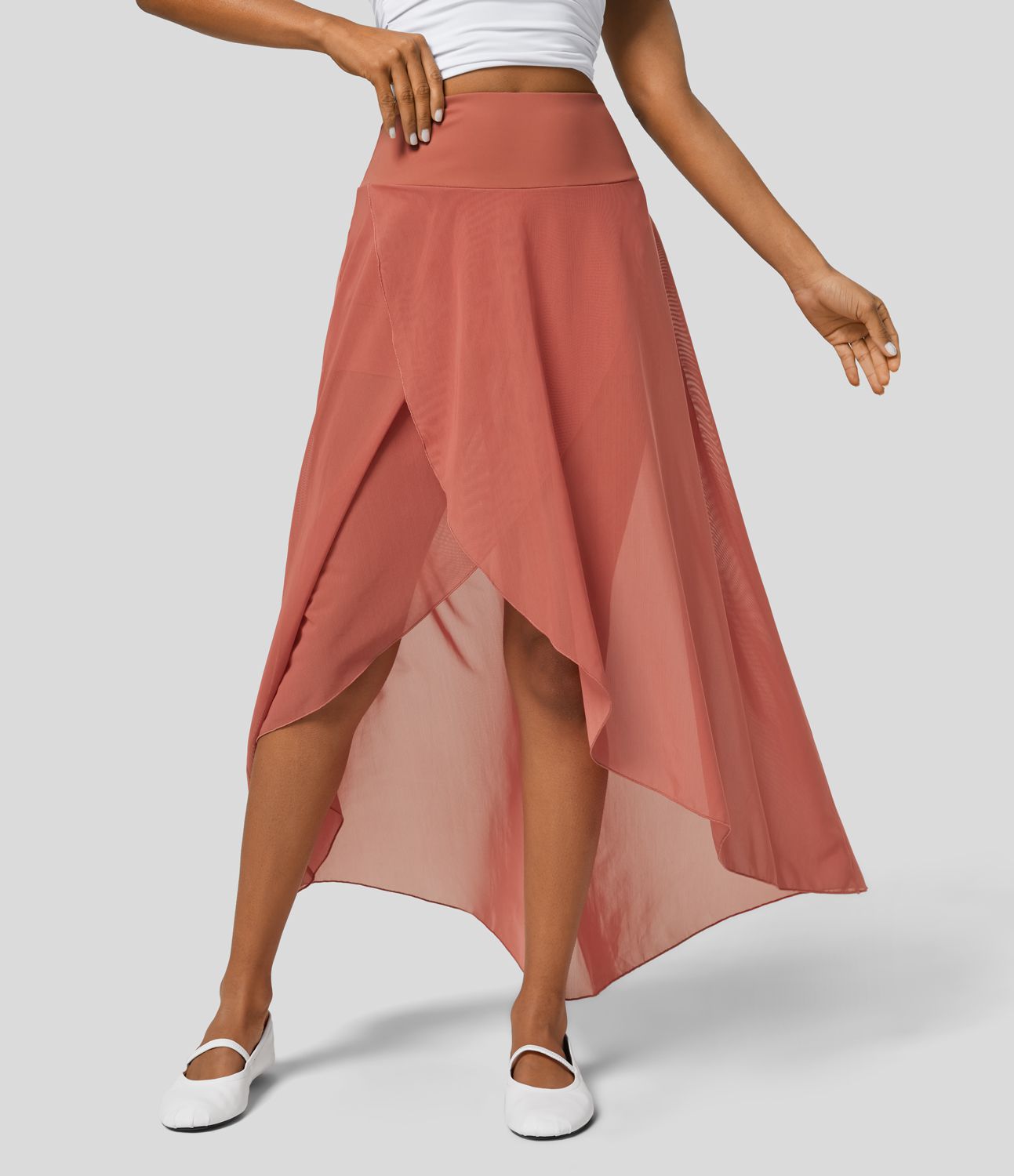 High Waisted High Low Ruffle 2-in-1 Side Pocket Flare Mesh Casual Regular Maxi Skirt