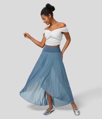 High Waisted High Low Ruffle 2-in-1 Side Pocket Flare Mesh Casual Regular Maxi Skirt