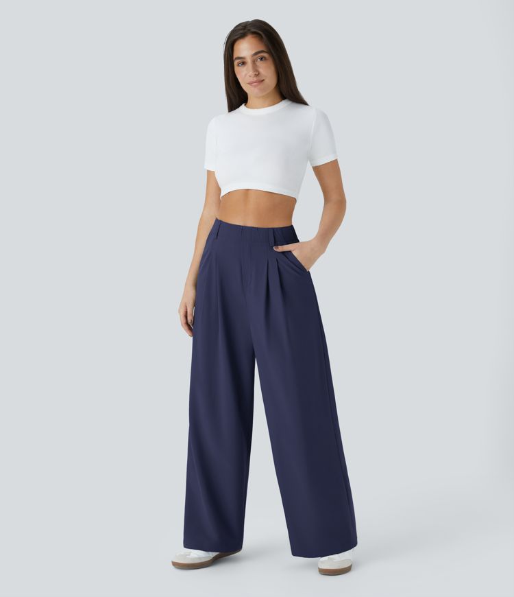 Breezeful™ High Waisted Side Pocket Wide Leg Flowy Solid Palazzo Quick Dry Casual Trousers