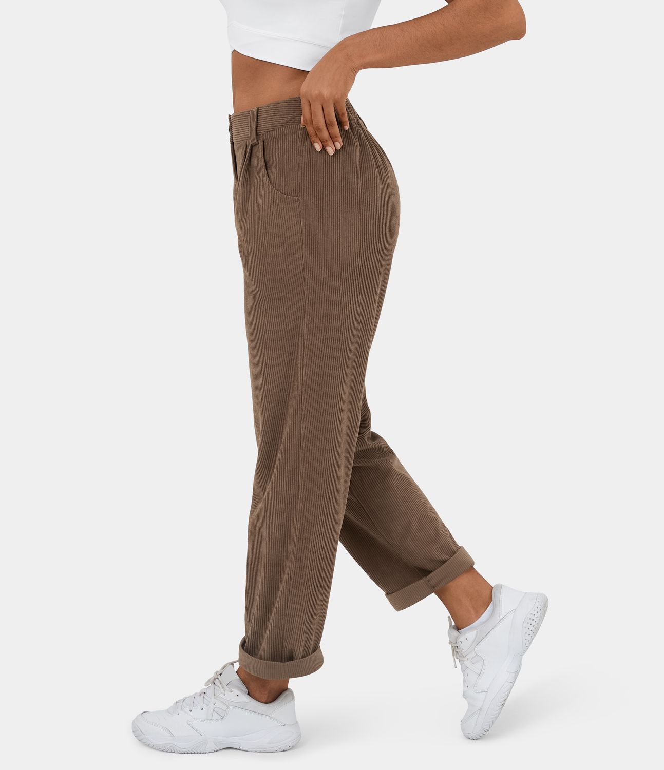 Mid Rise Zipper Pocket Corduroy Women Casual Pants