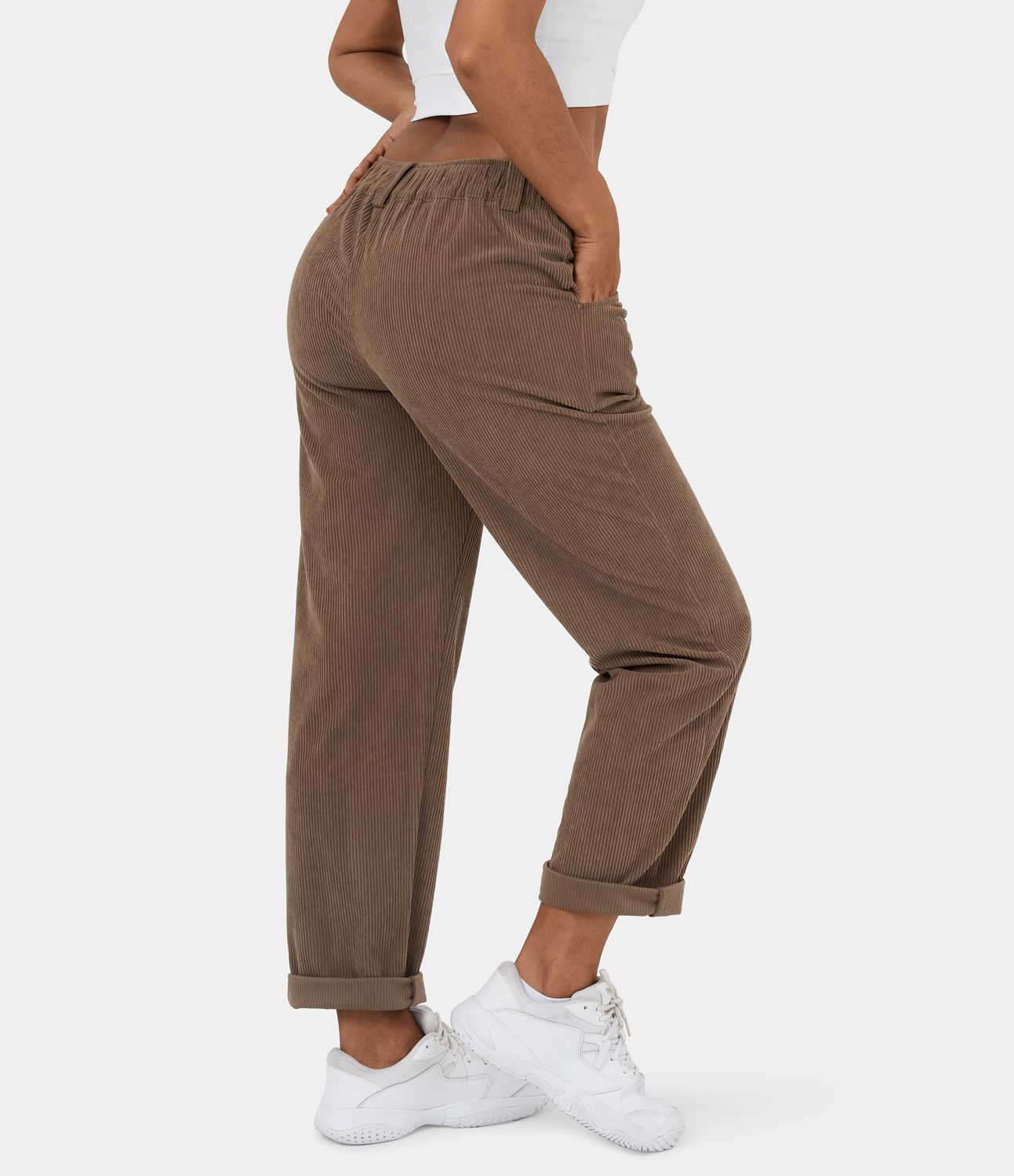 Mid Rise Zipper Pocket Corduroy Women Casual Pants