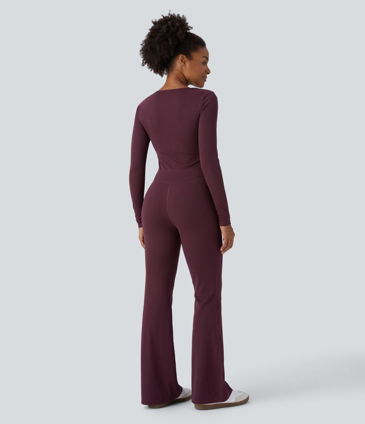 Square Neck Long Sleeve Waffle Casual Flare Jumpsuit