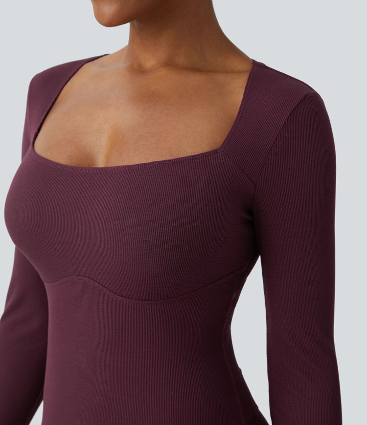 Square Neck Long Sleeve Waffle Casual Flare Jumpsuit