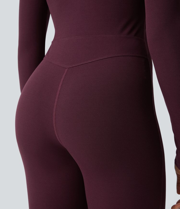 Square Neck Long Sleeve Waffle Casual Flare Jumpsuit