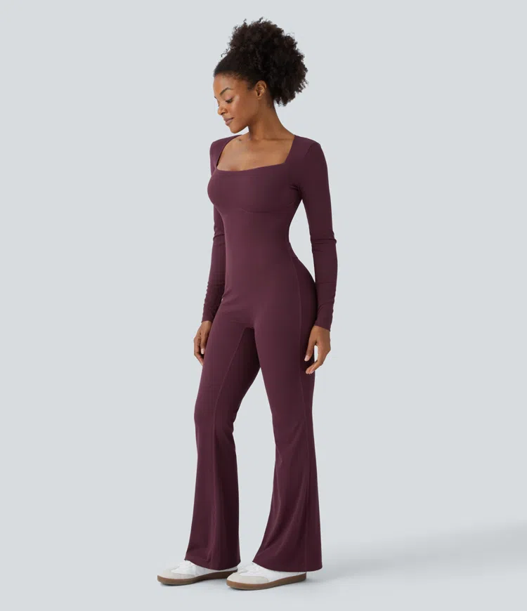 Square Neck Long Sleeve Waffle Casual Flare Jumpsuit