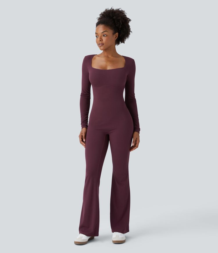Square Neck Long Sleeve Waffle Casual Flare Jumpsuit