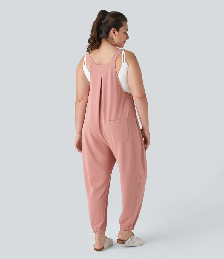 Adjustable Strap Button Multiple Pockets Plicated Waffle Casual Plus Size Jogger Overalls