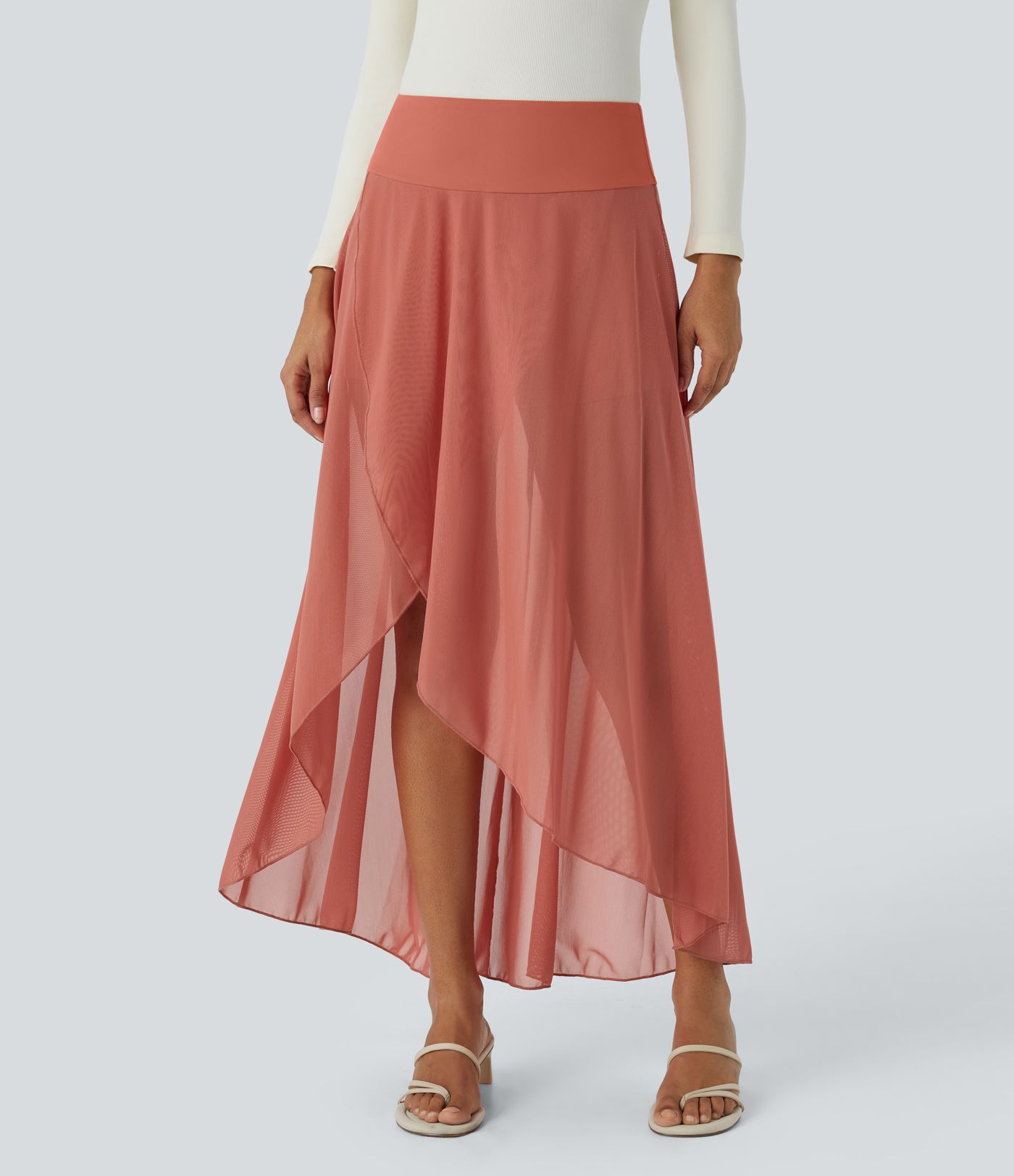 High Waisted High Low Ruffle 2-in-1 Pocket Flare Mesh Casual Regular Maxi Skirt