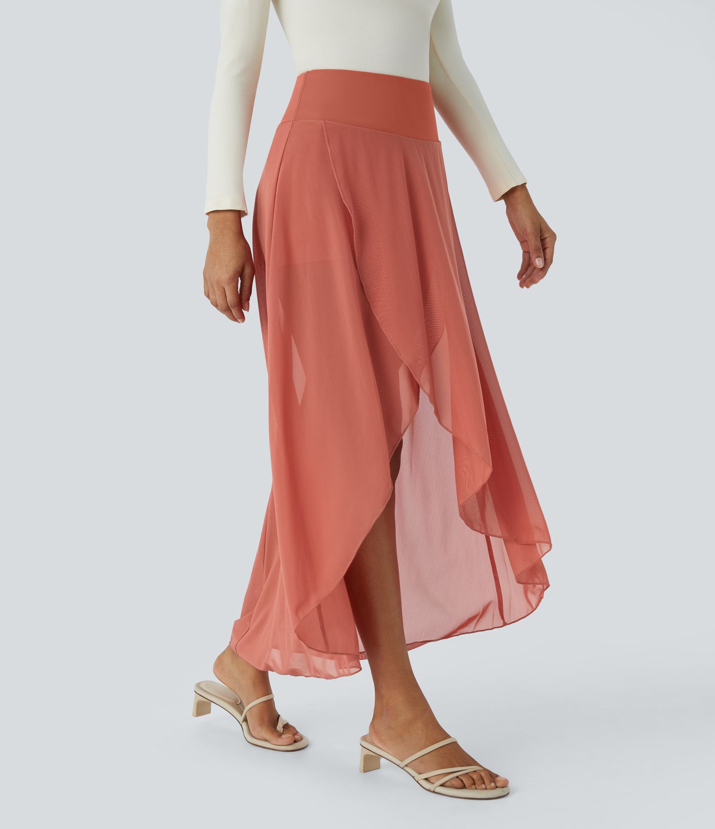 High Waisted High Low Ruffle 2-in-1 Pocket Flare Mesh Casual Regular Maxi Skirt