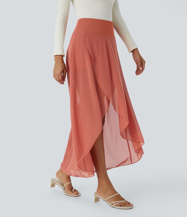 High Waisted High Low Ruffle 2-in-1 Pocket Flare Mesh Casual Regular Maxi Skirt