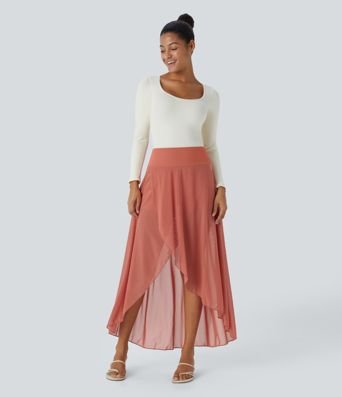High Waisted High Low Ruffle 2-in-1 Pocket Flare Mesh Casual Regular Maxi Skirt