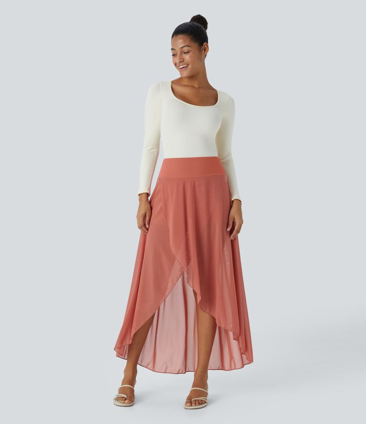 High Waisted High Low Ruffle 2-in-1 Pocket Flare Mesh Casual Regular Maxi Skirt