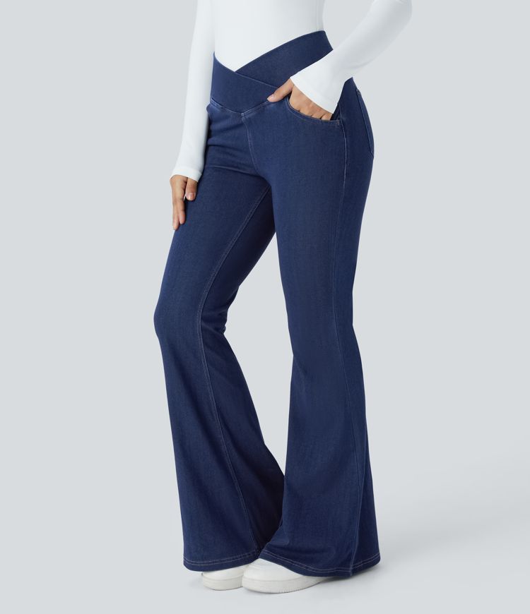 Halara Flex™ High Waist Crossover Pocket Cool Touch Washed Stretch Knit Casual Super Flare Jeans