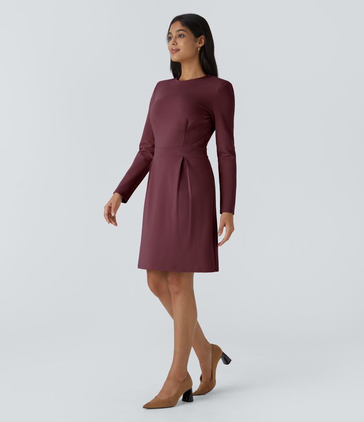 Round Neck Shoulder Pad Long Sleeve Hem Slim Mini Work Dress