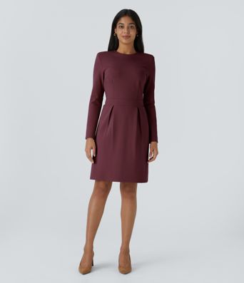 Round Neck Shoulder Pad Long Sleeve Hem Slim Mini Work Dress