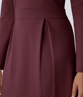 Round Neck Shoulder Pad Long Sleeve Hem Slim Mini Work Dress